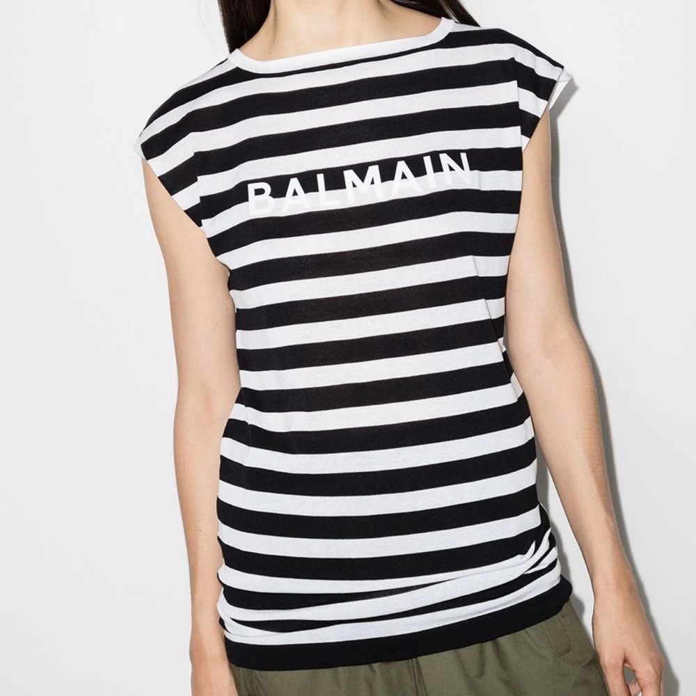 BALMAIN Long sleeveless logo print T-shirt, singlet, vest, striped T-shirt